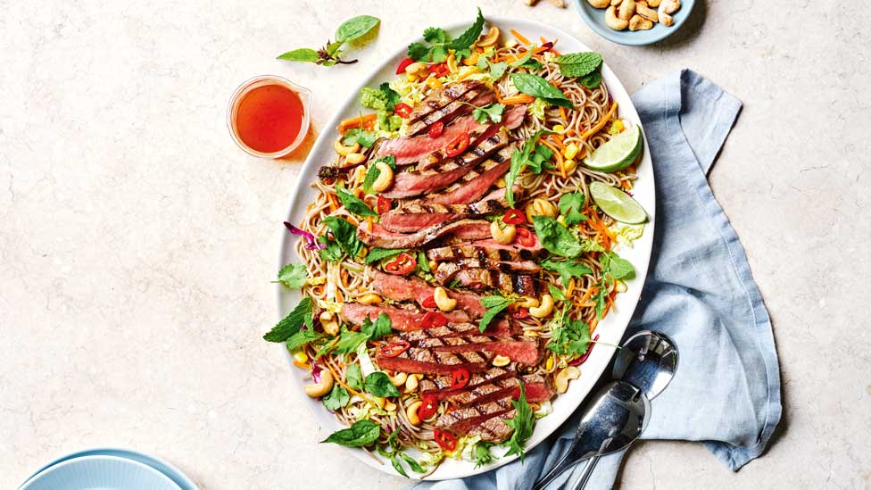 BBQ steak with noodle salad