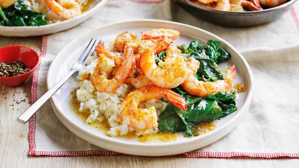 Burnt butter garlic prawns with cauliflower mash