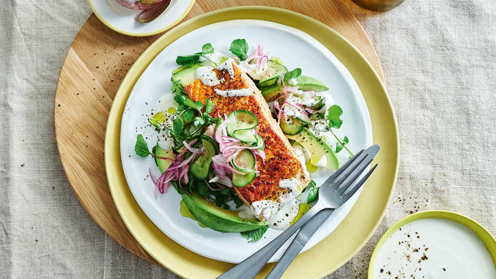 Cajun-style salmon with pickled cucumber salad