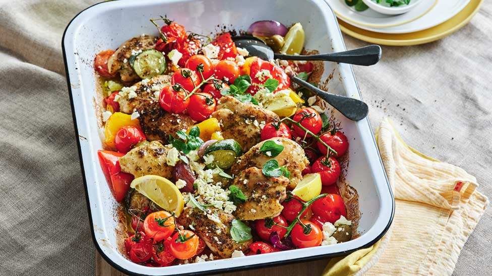 Greek-style chicken and veggie tray bake