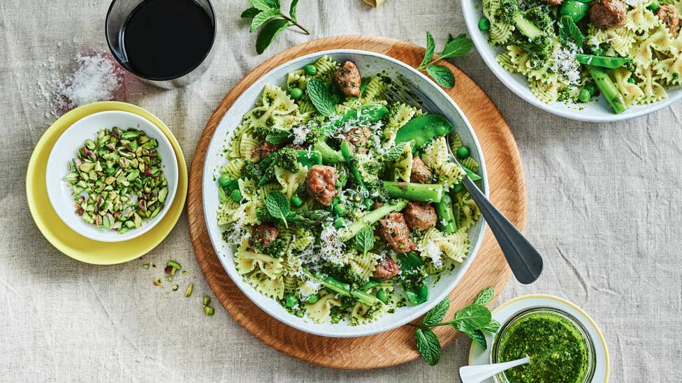 Sausage pasta with greens and mint pesto