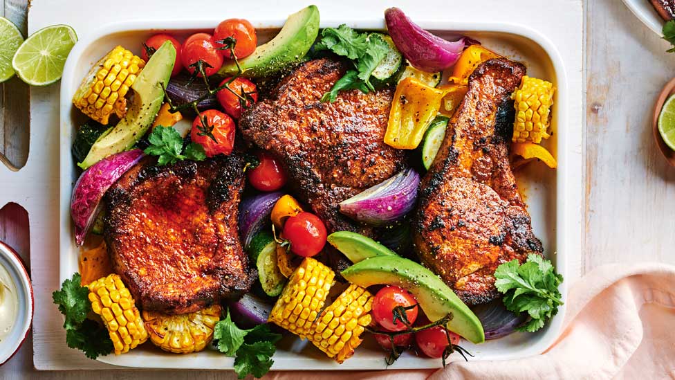 Mexican-style pork and veggie tray bake