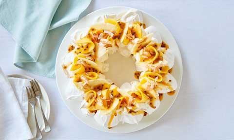 Curtis Stone's Mango and passionfruit pavlova wreath