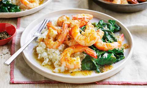 Burnt butter garlic prawns with cauliflower mash