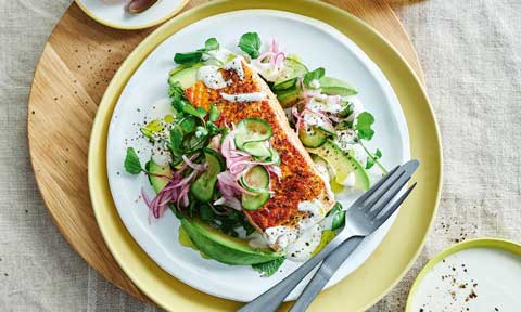 Cajun-style salmon with pickled cucumber salad