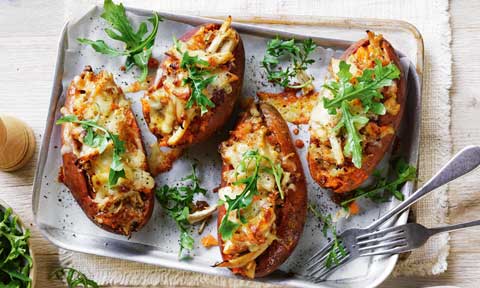 Chicken and caramelised onion stuffed sweet potato