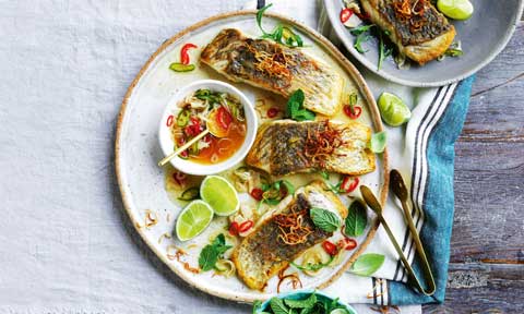 Chilli-lime barramundi with herbs and fried shallots
