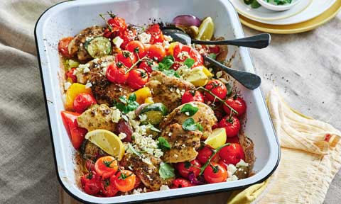 Greek-style chicken and veggie tray bake