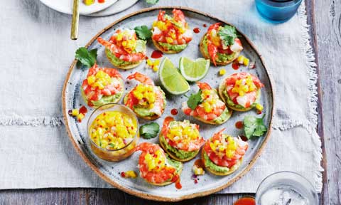 Mini prawn tostadas with mango salsa