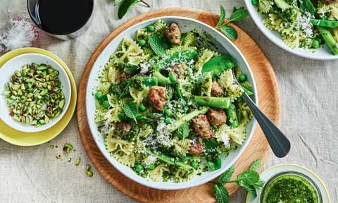 Sausage pasta with greens and mint pesto