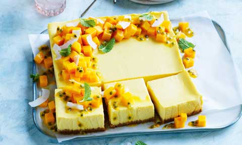 White chocolate mango cheesecake slice