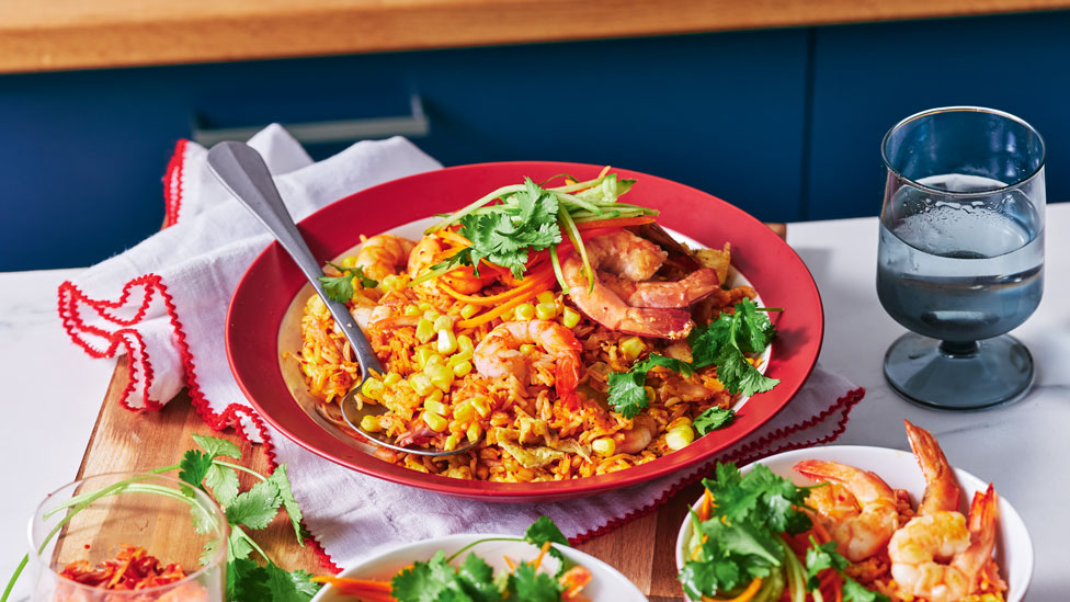 Cheat's fried rice with prawns and kimchi