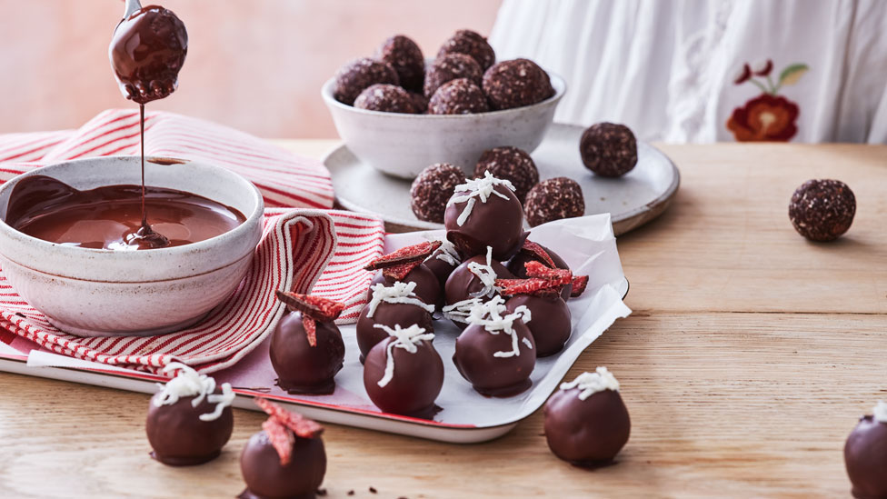 Choc-cherry coconut rum balls