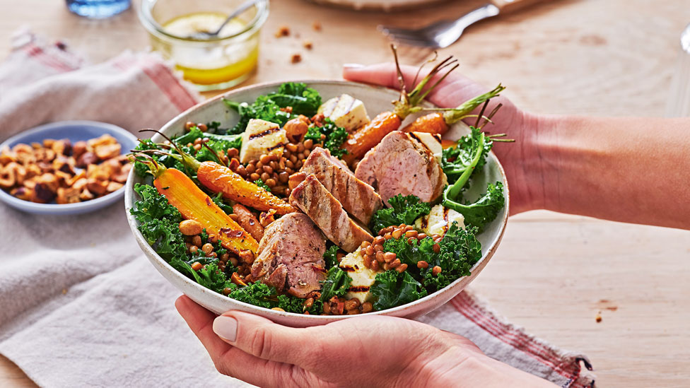 Pork and paneer salad with roasted carrots 