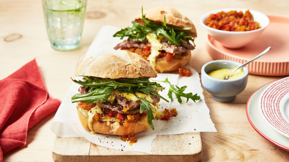 Luke Mangan’s scotch fillet steak burgers with aioli and tomato chutney