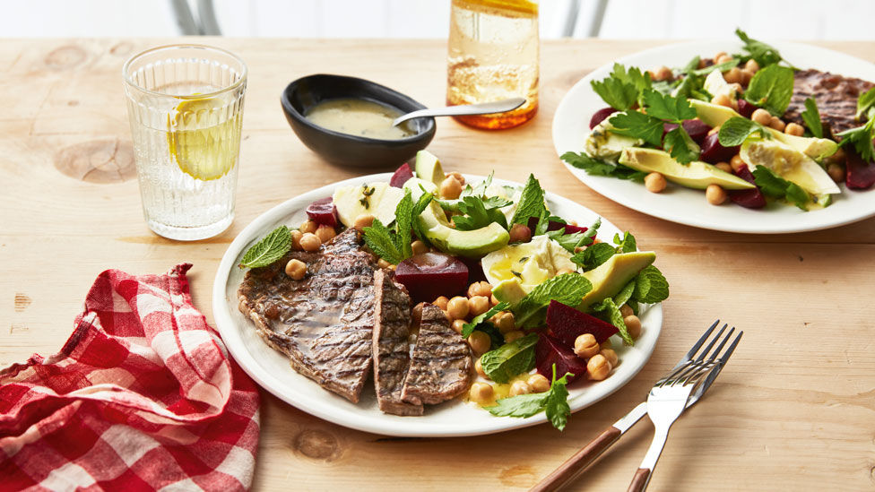 Luke Mangan’s scotch fillet steak with beetroot and chickpea salad