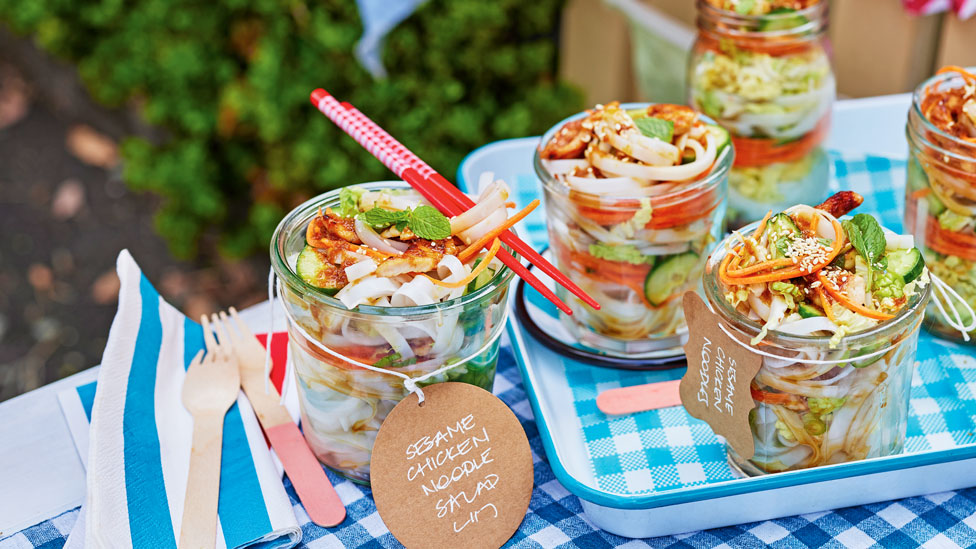 Sesame chicken noodle salad jars