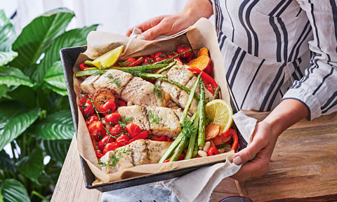 Barramundi and vegetable tray bake 