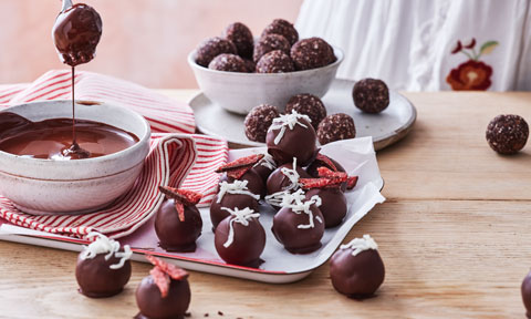 Choc-cherry coconut rum balls