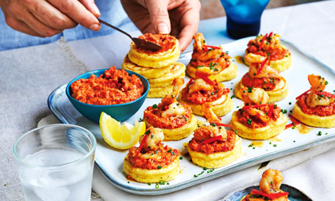 Curtis Stone's corn blinis with prawns and romesco sauce