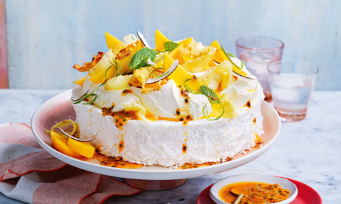 Pina colada and passionfruit pavlova