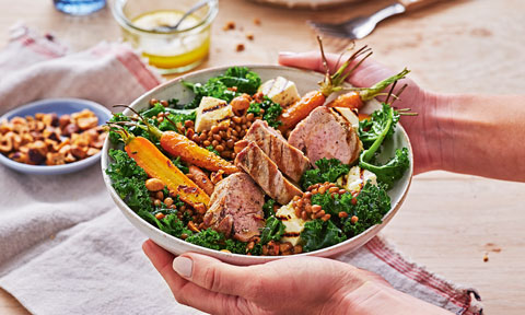 Pork and paneer salad with roasted carrots 