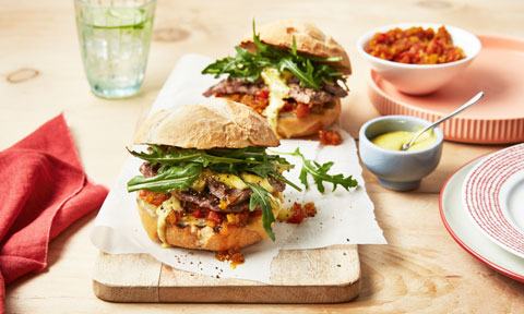 Luke Mangan’s scotch fillet steak burgers with aioli and tomato chutney