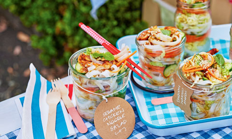 Sesame chicken noodle salad jars