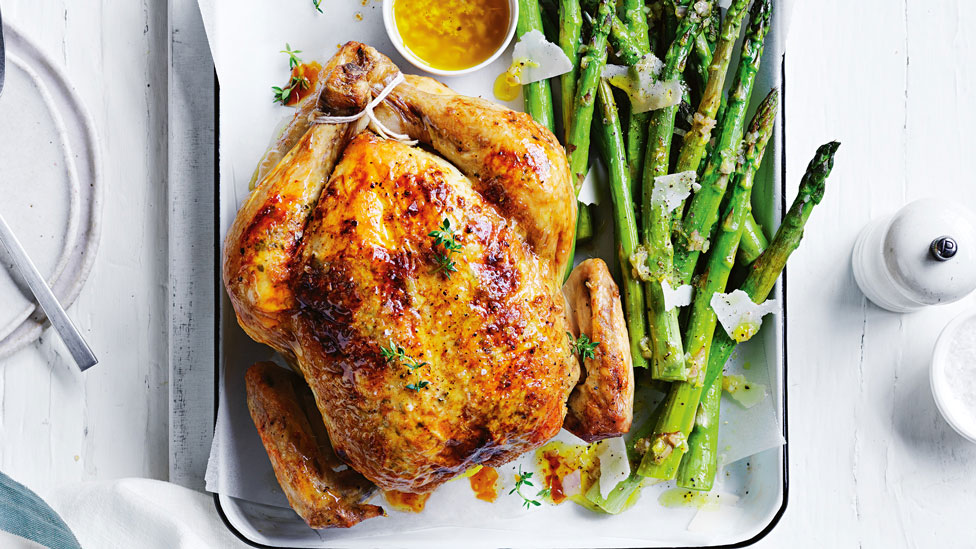 Curtis' roast chicken with zesty asparagus with lemon and shallot dressing