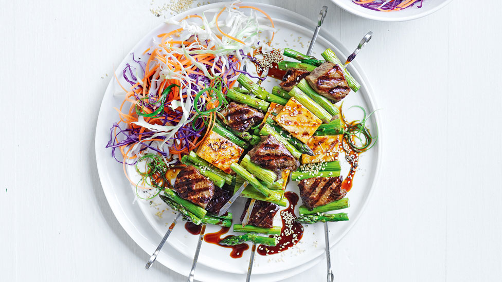 Teriyaki beef, tofu and asparagus skewers