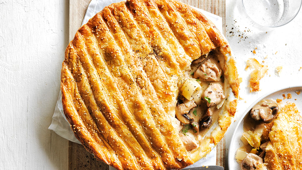 A freshly baked chicken mushroom and leak pie