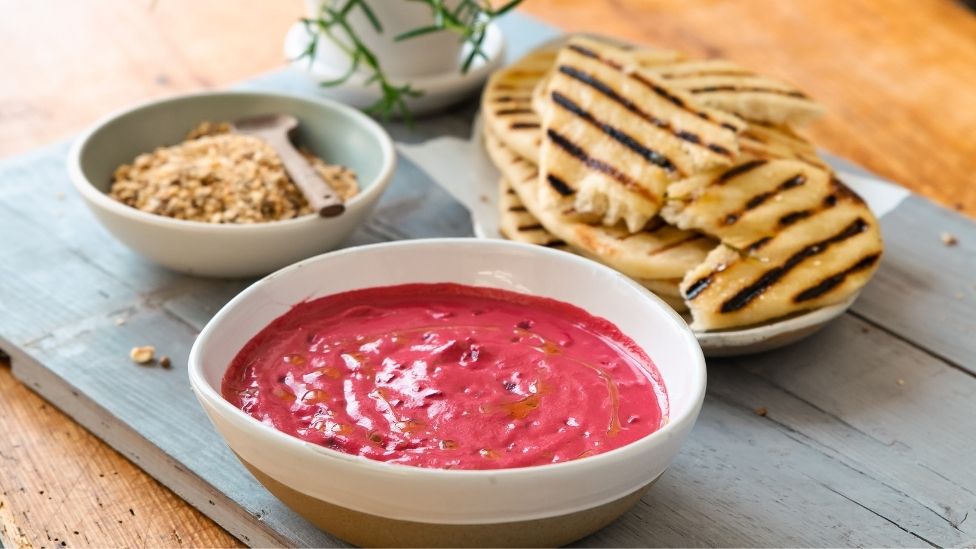 Roasted beetroot dip with flatbread.