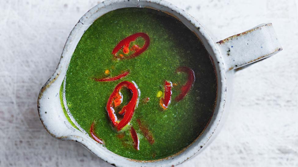 Curtis' Thai coriander sauce with thinly sliced red chillies