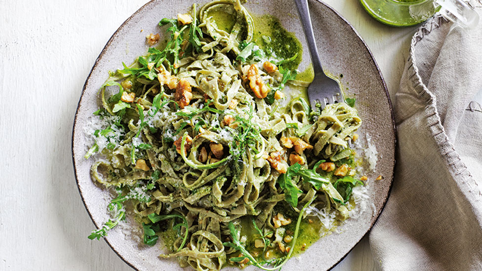 Edamame fettuccine with walnut pesto on a plate