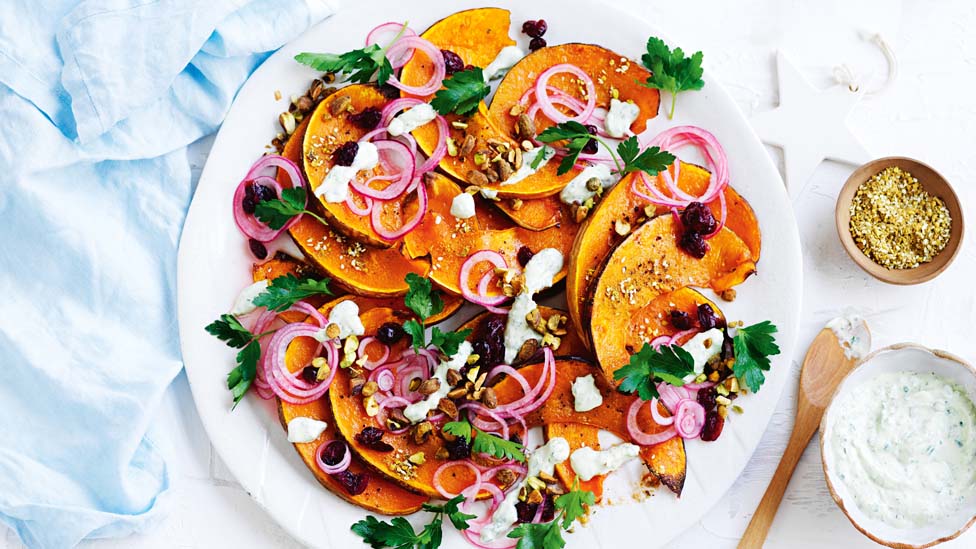 Jewelled pumpkin with yoghurt dressing and pistachio salad