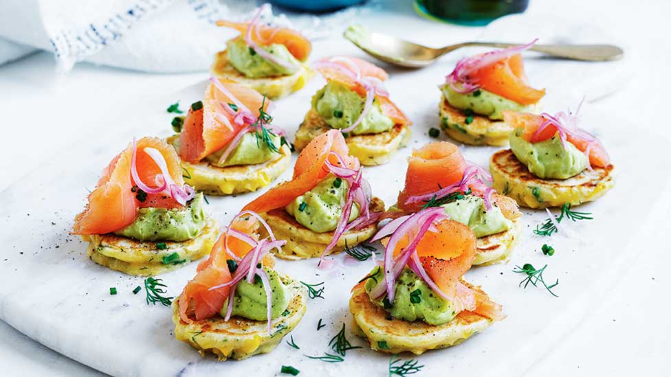 Ten mini corn fritters with smoked salmon