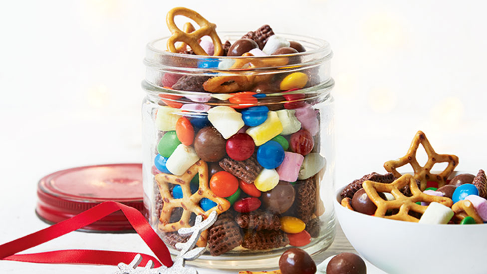 A jar of Maltesers, M&M’s, marshmallows, pretzels and cereal