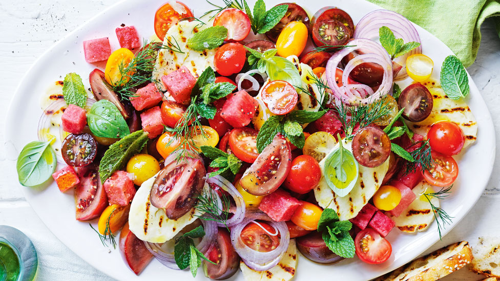 Tomato and watermelon salad with haloumi and bread