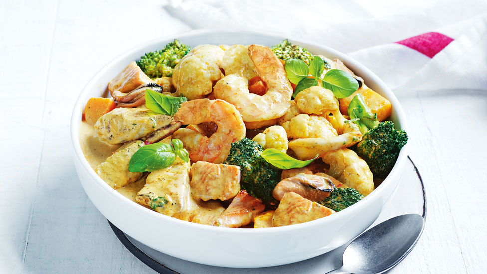 Quick seafood yellow curry with broccoli and cauliflower