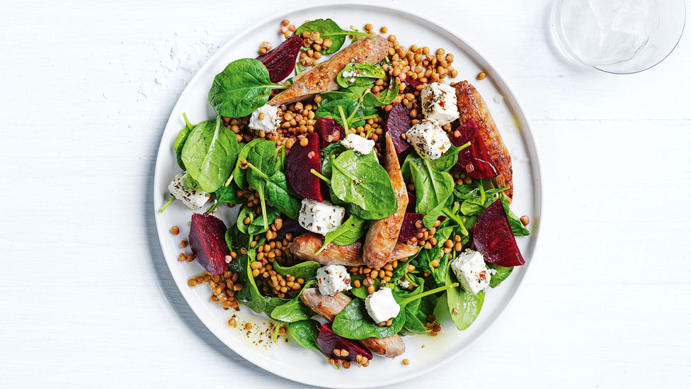 Speedy sausage and lentil salad in a platter