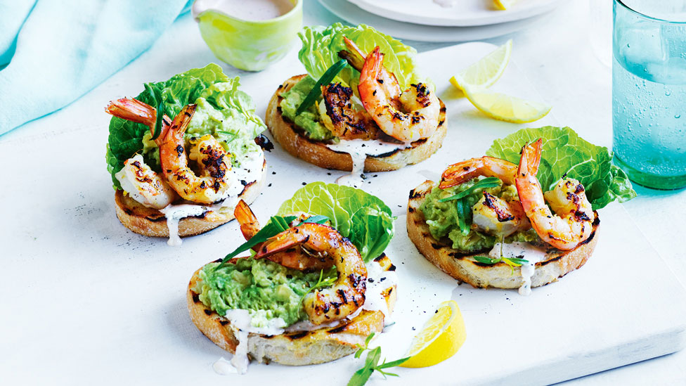 Four grilled prawn cocktail bruschetta