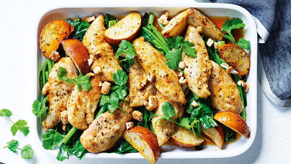 Honey and lemongrass chicken with pear, cashew and coriander