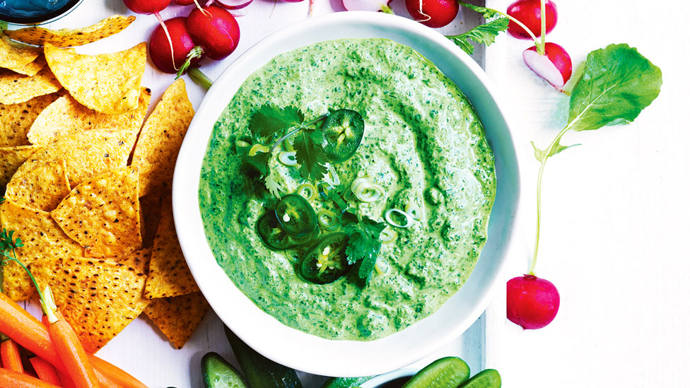 Jalapeño dip with spring veggies and corn chips