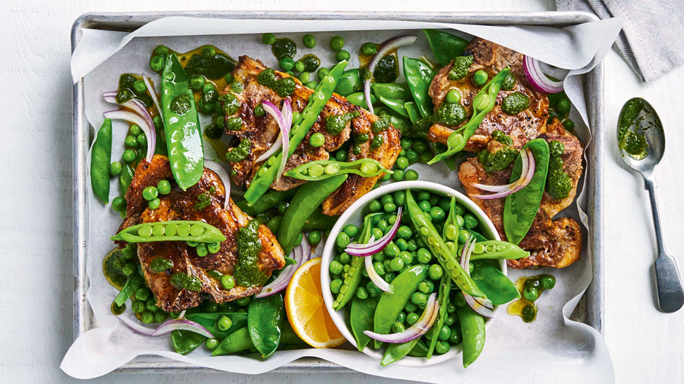 Four lamb chops with mint chimichurri and pea mixture