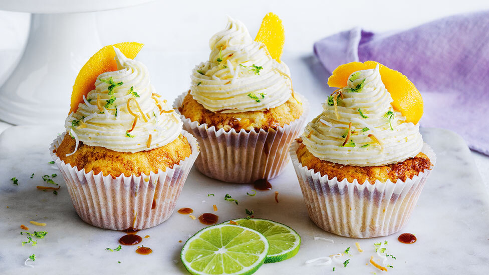 Three mango lime and coconut cupcakes 