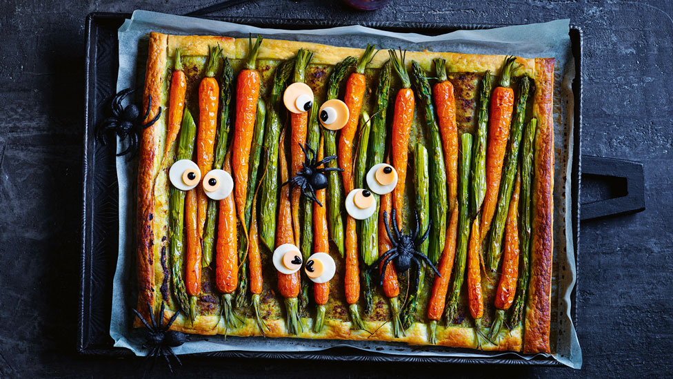 Veggie monster tart in a baking tray