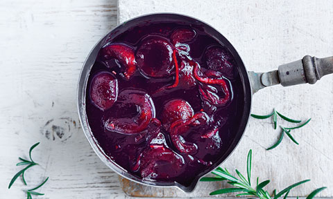 Balsamic-cherry sauce in a saucepan