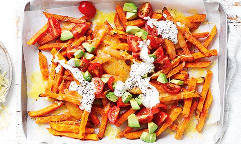 A plate of nachoes using sweet potato