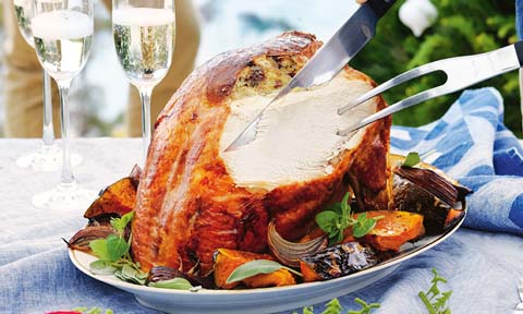 Cranberry and pecan stuffed turkey with roasted vegetables