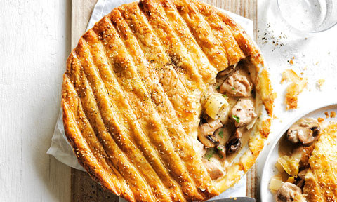 A freshly baked chicken mushroom and leak pie